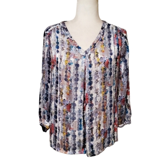 Liz Claiborne Blouse Womens Multicolor Print 3/4 Sleeve Semi Sheer Top Size PS - Picture 2 of 11